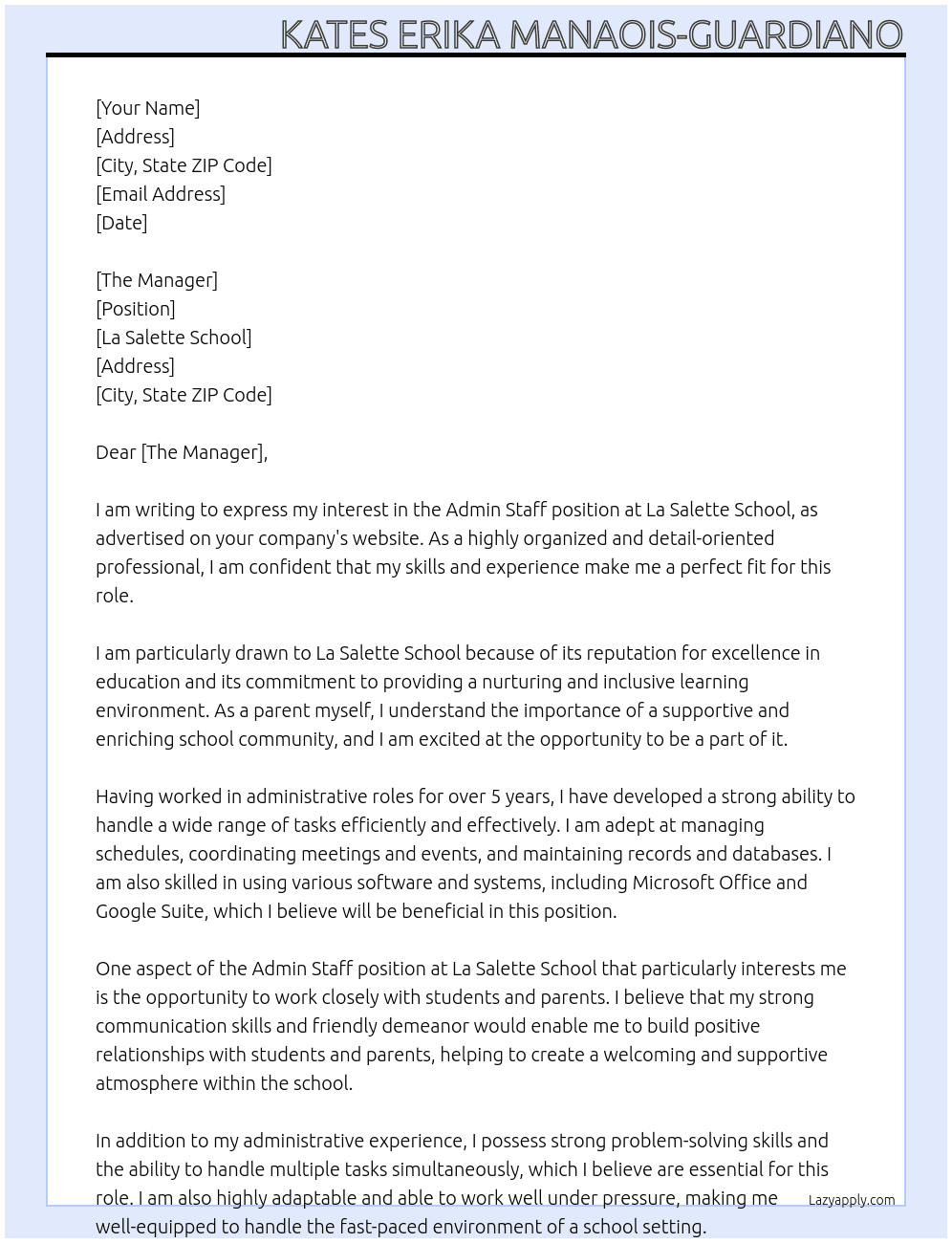 admin staff At La Salette School Cover Letter