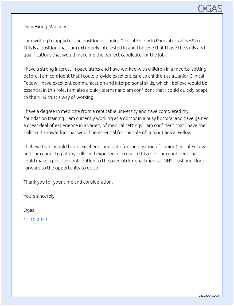 Junior clinical Fellow paediatrics At NHS trust Cover Letter