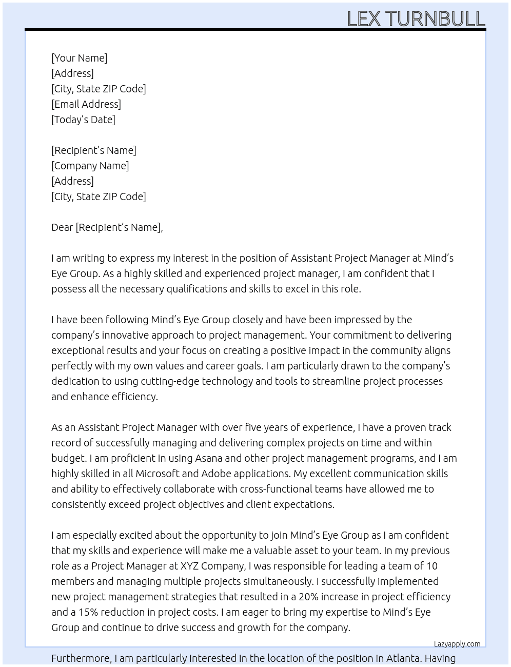 Assistant Project Manager At Mind's Eye Group Cover Letter