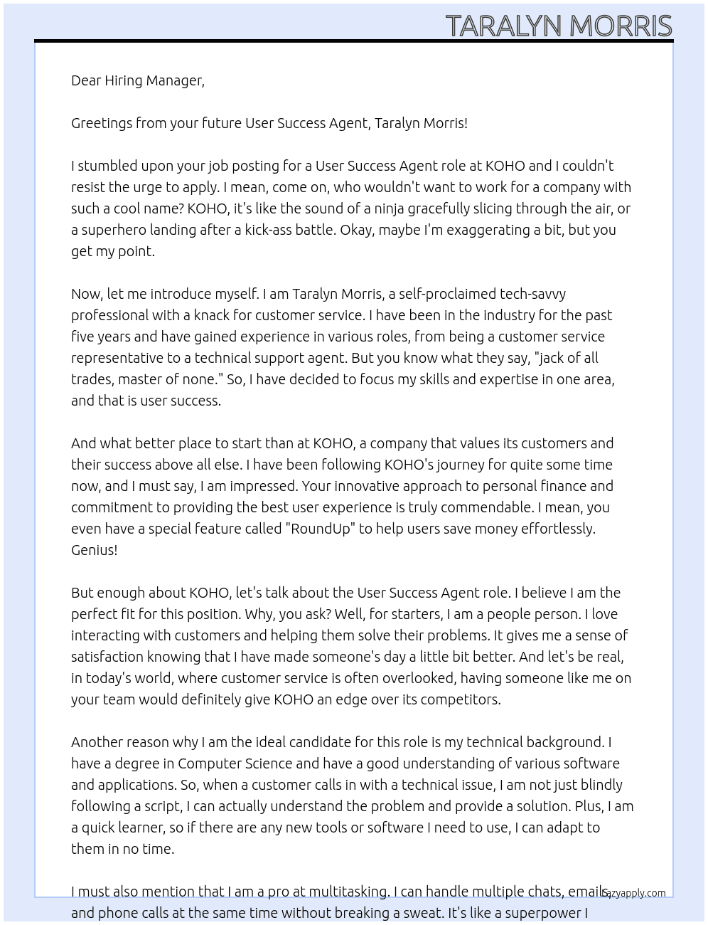 User Success Agent At KOHO Cover Letter