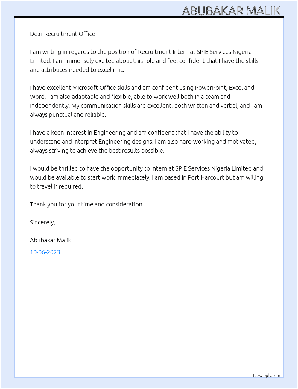 Recruitment Intern At SPIE Services Nigeria Limited   Cover Letter
