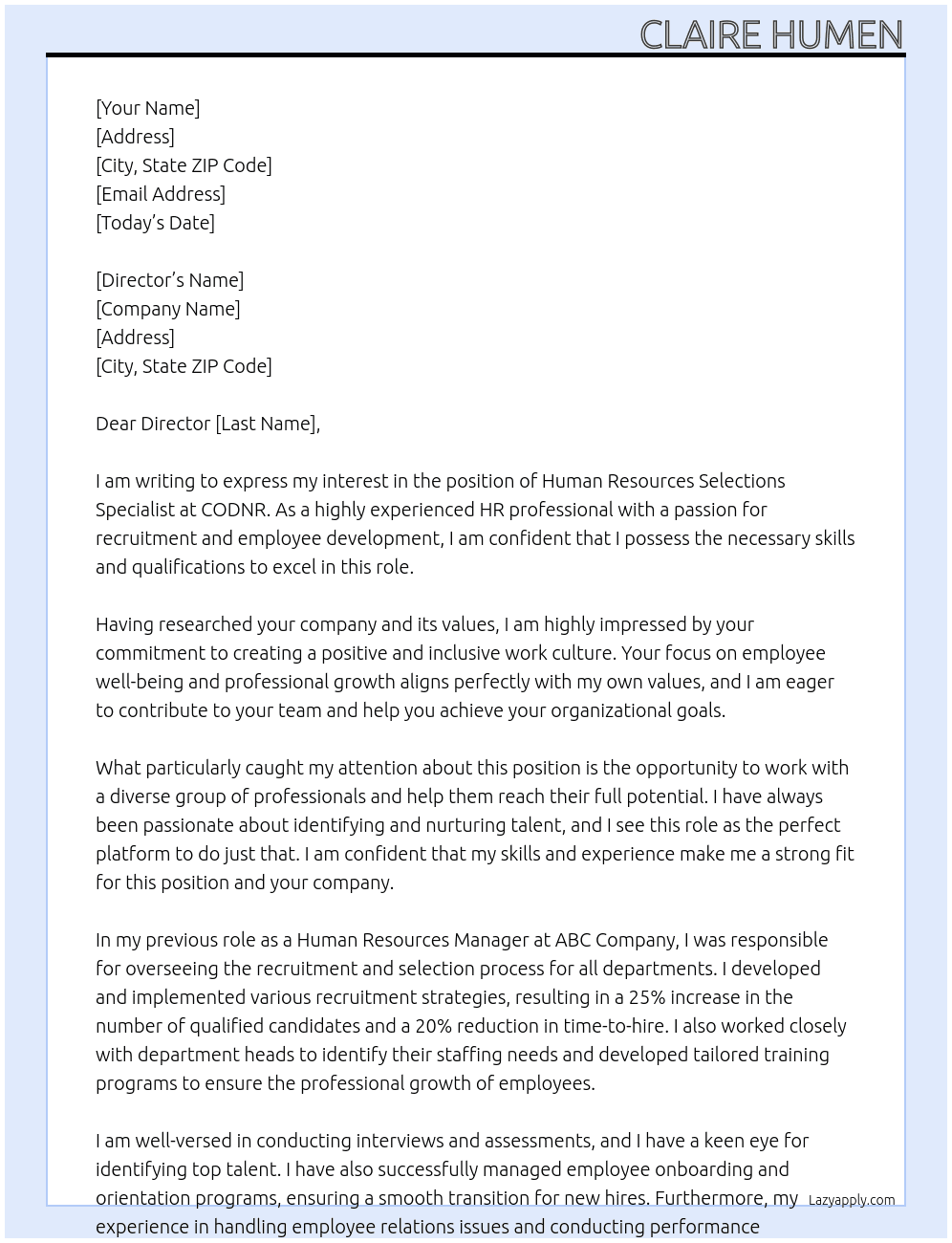 Human Resources Selections Specialist At CODNR Cover Letter