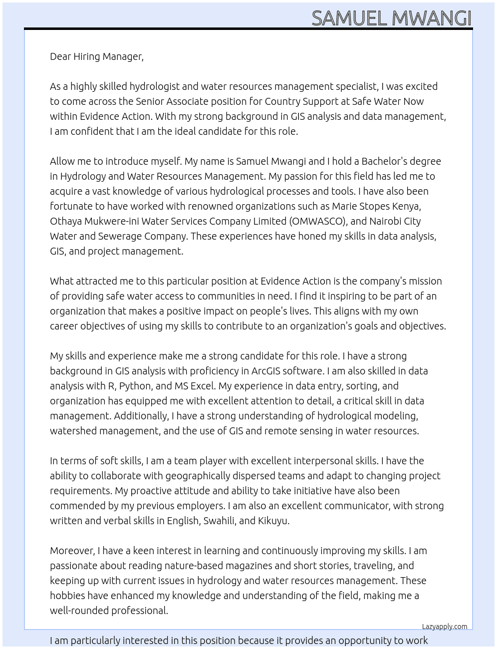 Senior Associate, Country Support, Safe Water Now At Evidence Action i Cover Letter