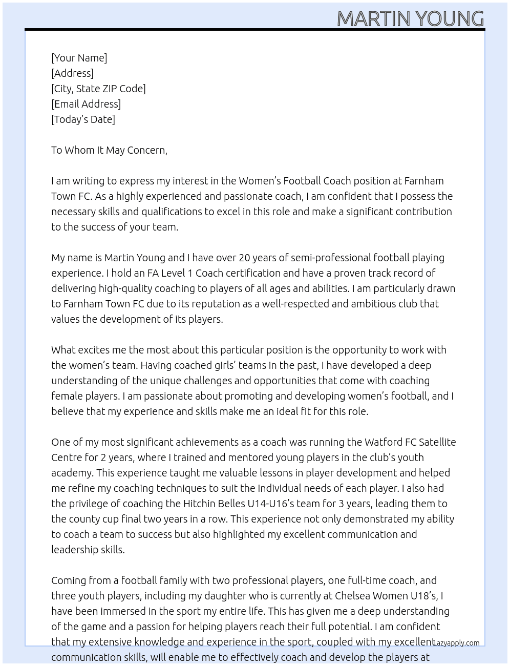 Women’s Football Coach At Farnham Town FC Cover Letter