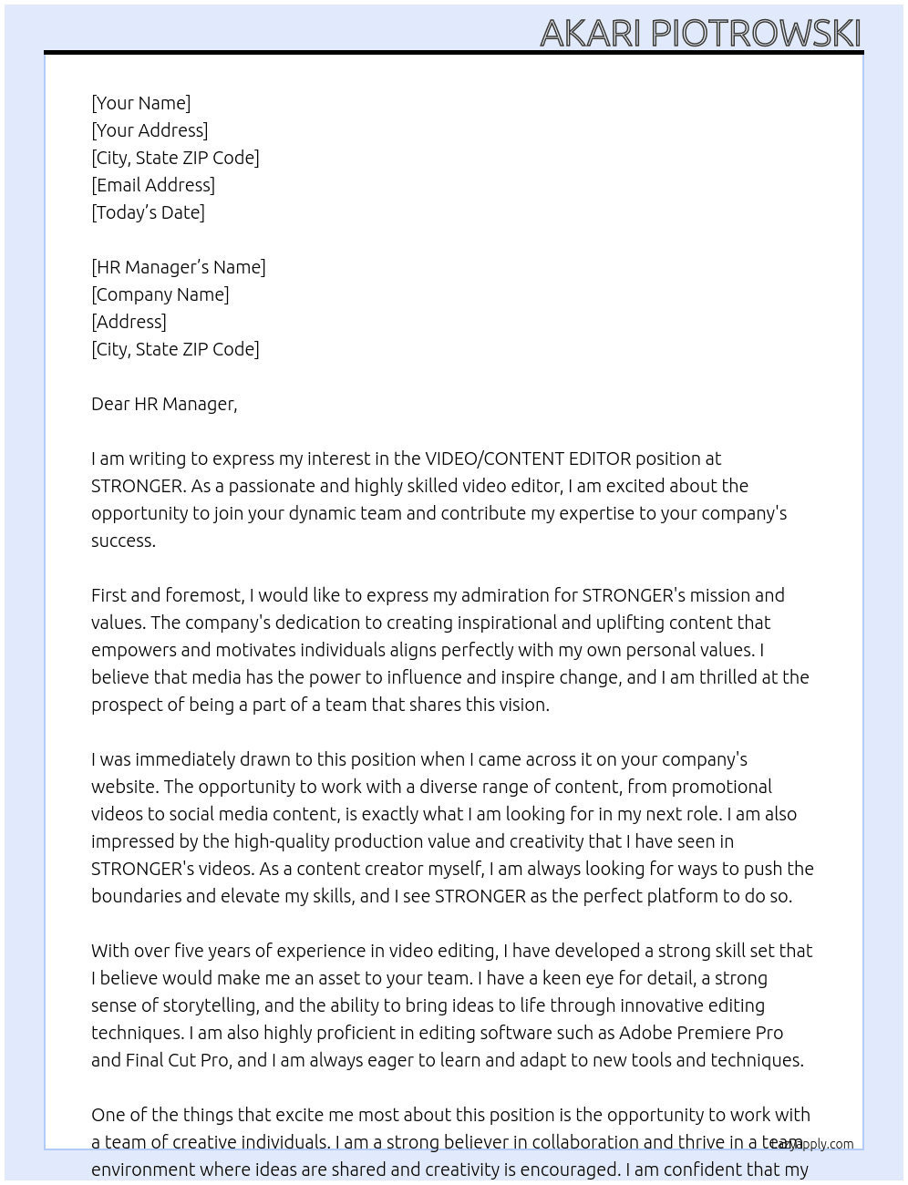 VIDEO/CONTENT EDITOR At STRONGER Cover Letter