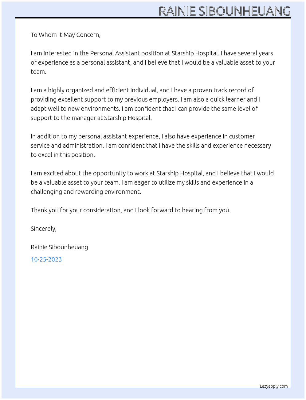 Personal Assistant At starship hospital Cover Letter