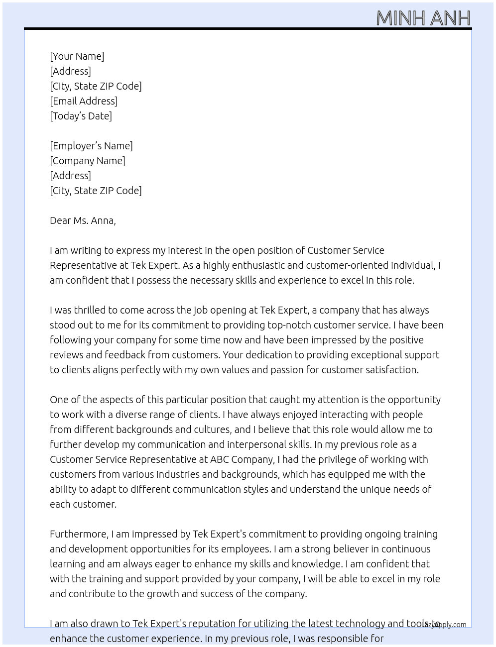 Customer Service Representative At tek expert Cover Letter