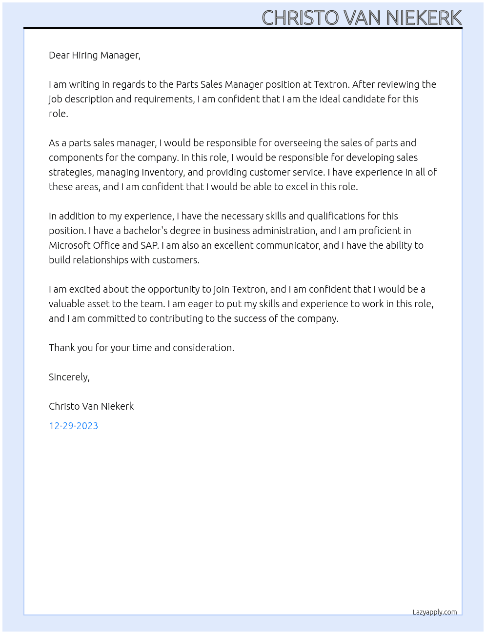 Parts Sales Manager At Textron Cover Letter