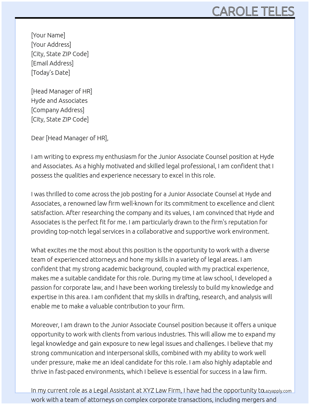 Junior Associate Counsel At Hyde and Associates Cover Letter