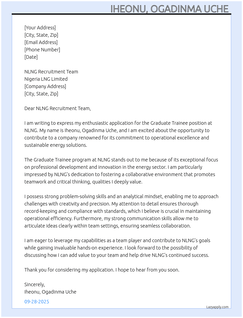 Graduate trainee  At NLNG Cover Letter
