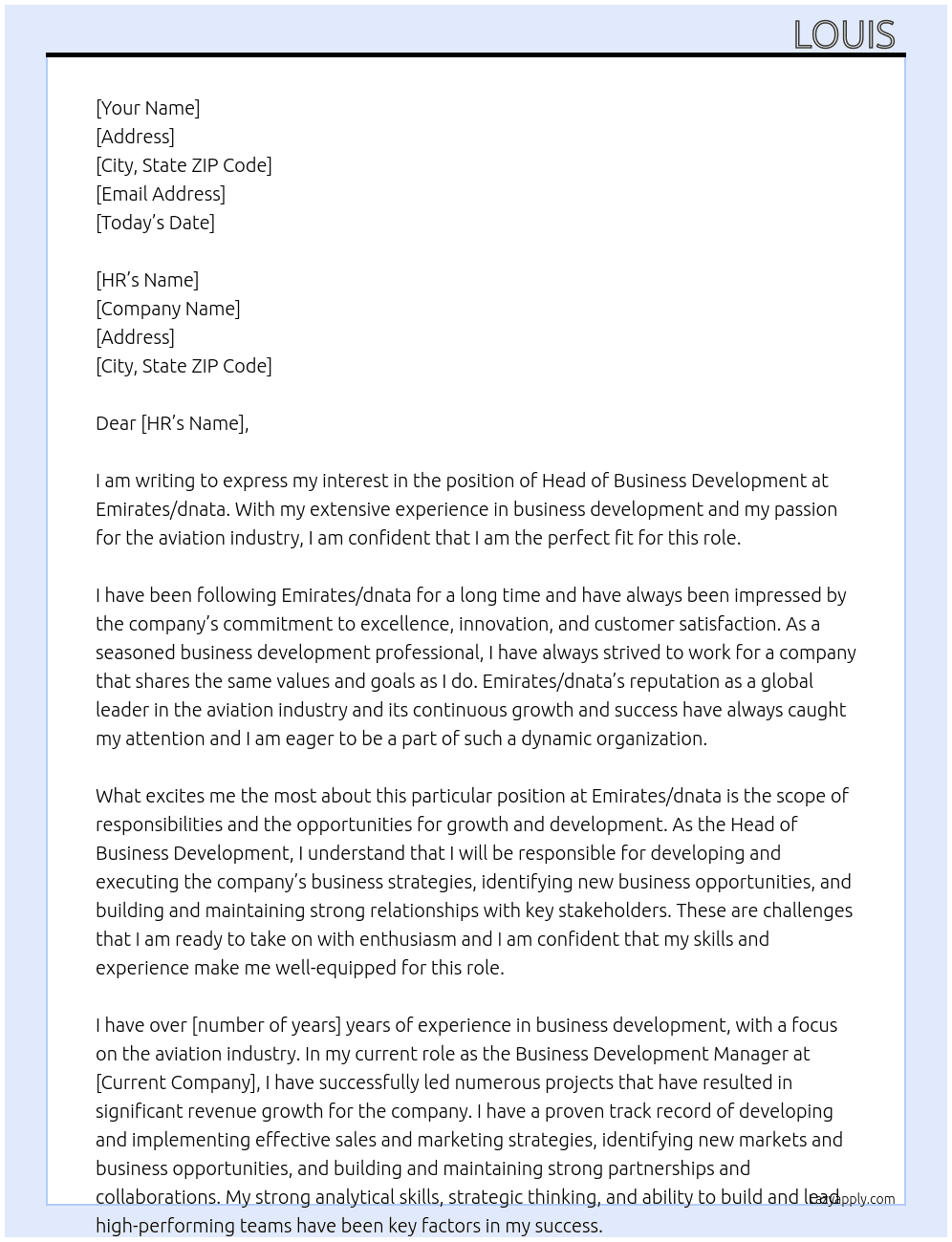 Head of Business Development  At Emirates/dnata Cover Letter