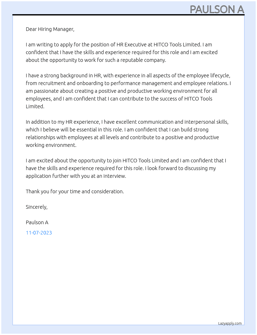 HR Executive At HITCO Tools Limited Cover Letter
