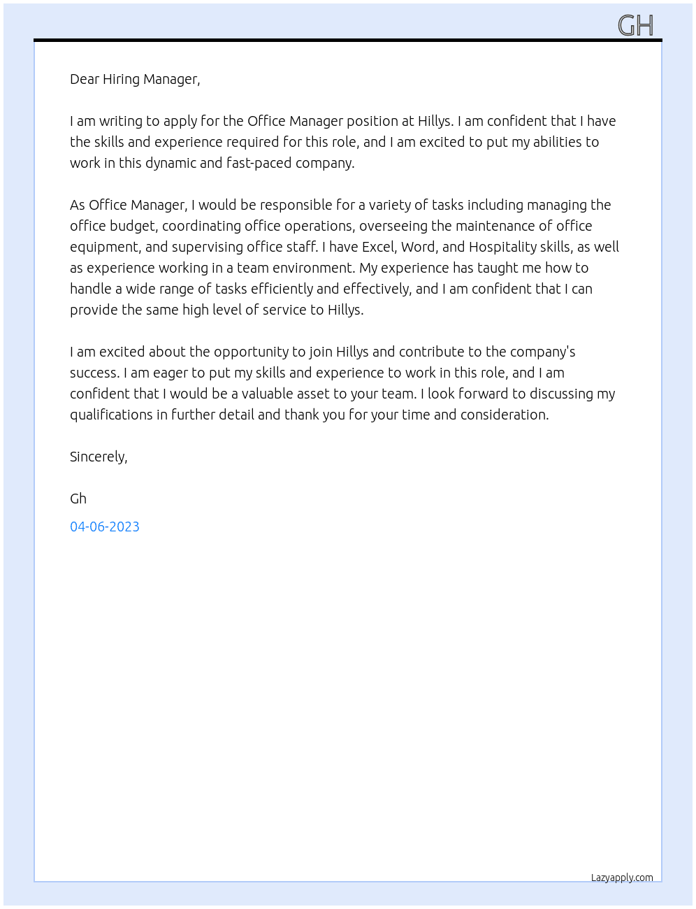 Office manager At Hillys Cover Letter