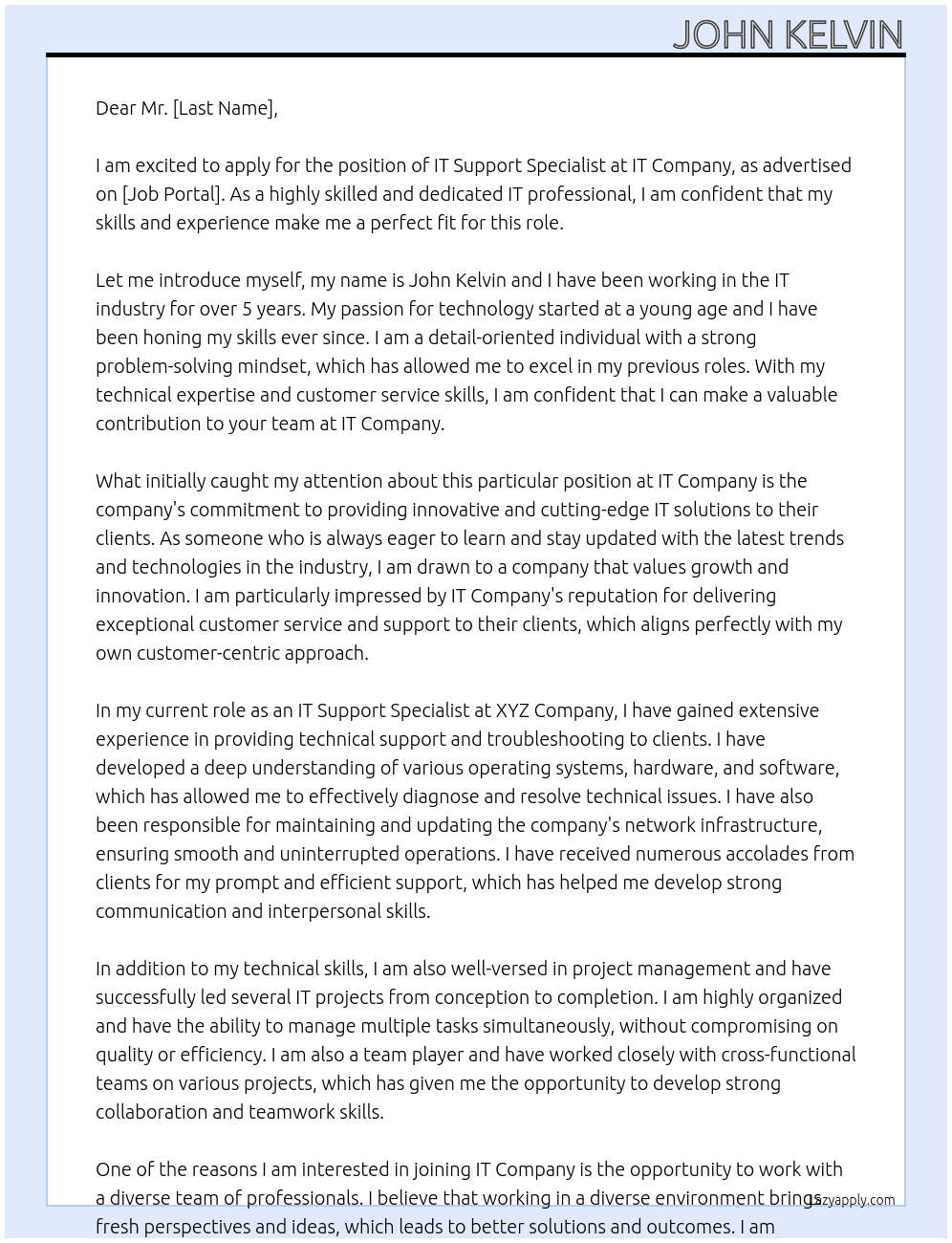 IT Support Specialist At IT Company Cover Letter