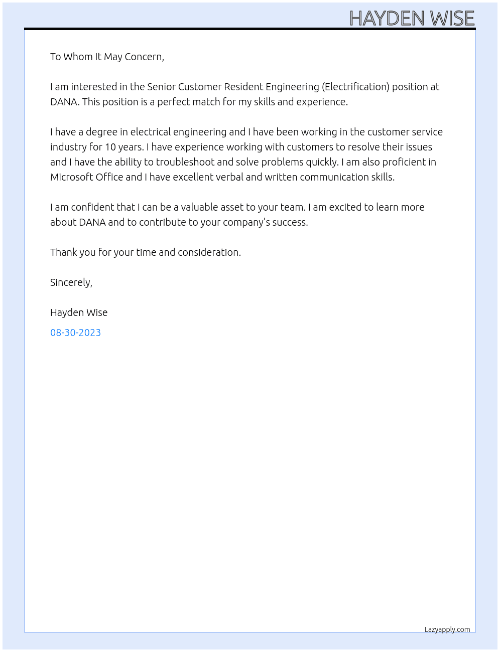 Senior Customer Resident Engineering (Electrification) At DANA  Cover Letter
