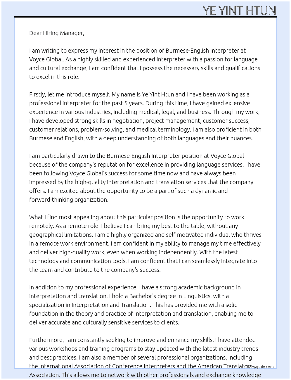 Burmese - English interpreter  At Voyce Global Cover Letter