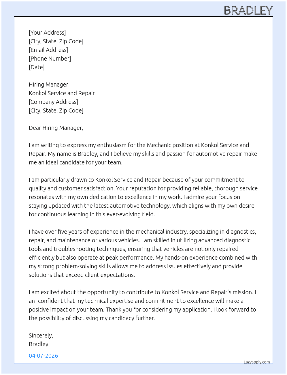 Cover letter for mechanic - LazyApply