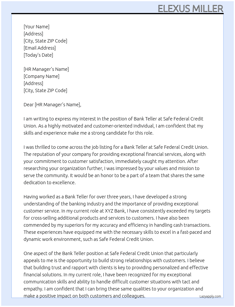 Bank Teller At Safe Federal Credit Union  Cover Letter