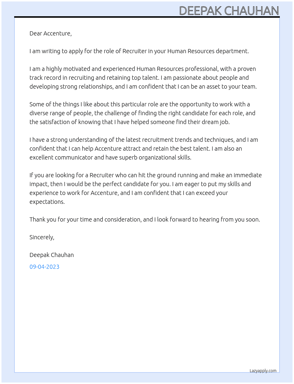 Human Resources  At Accenture  Cover Letter