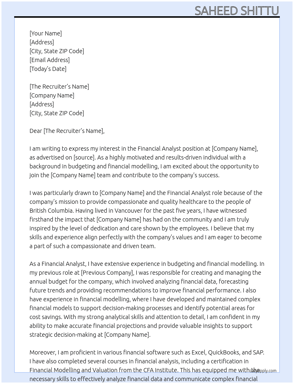 Financial Analyst At PHSA Cover Letter