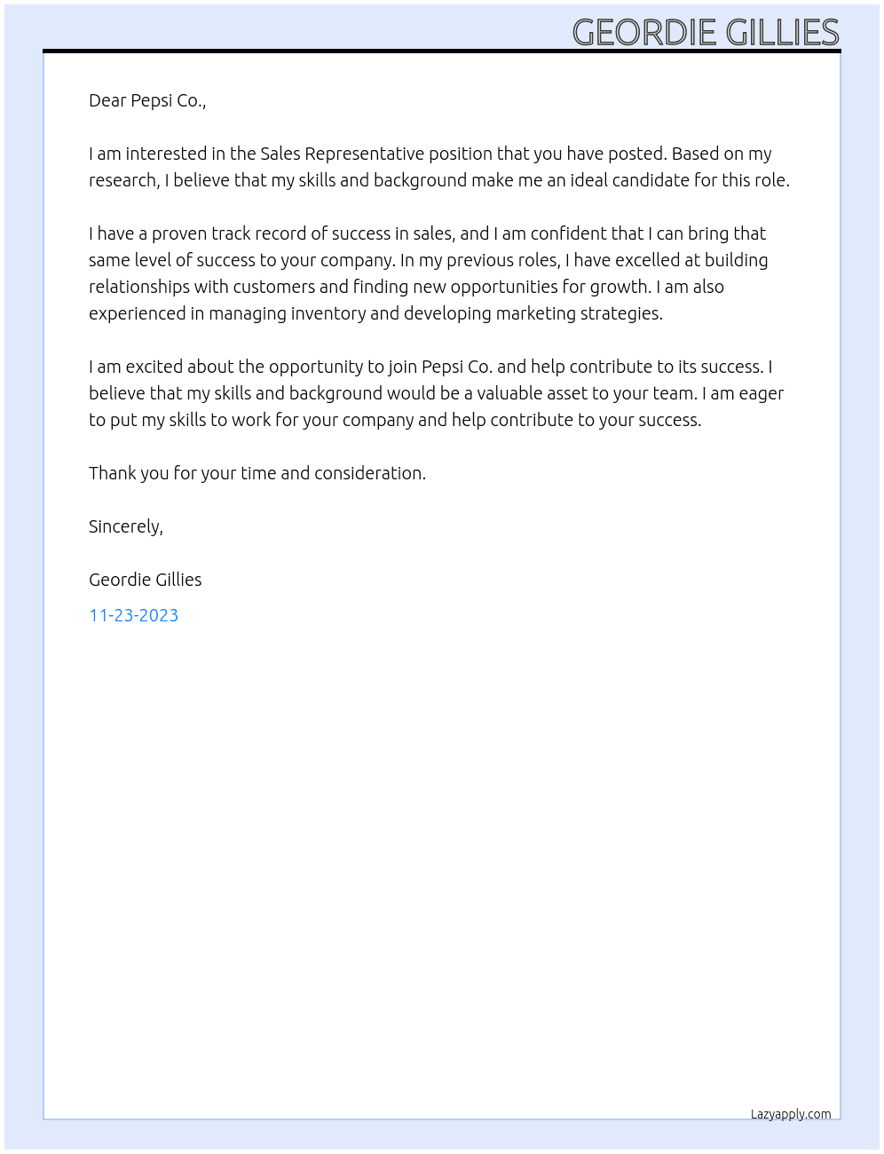 Sales Representative At Pepsi Co Cover Letter
