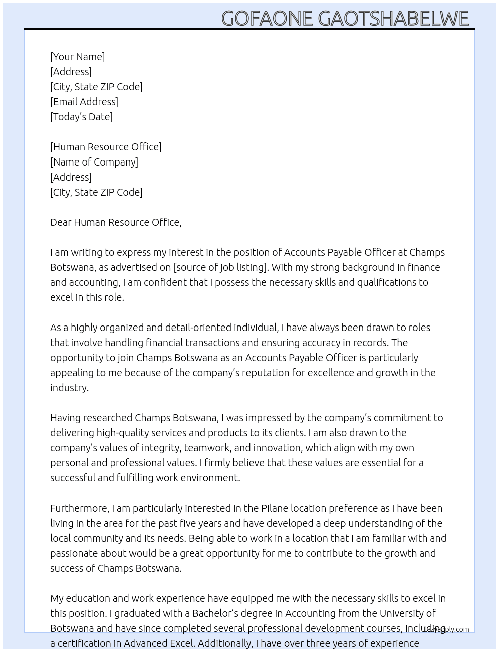 Accounts Payable Officer  At Champs Botswana  Cover Letter