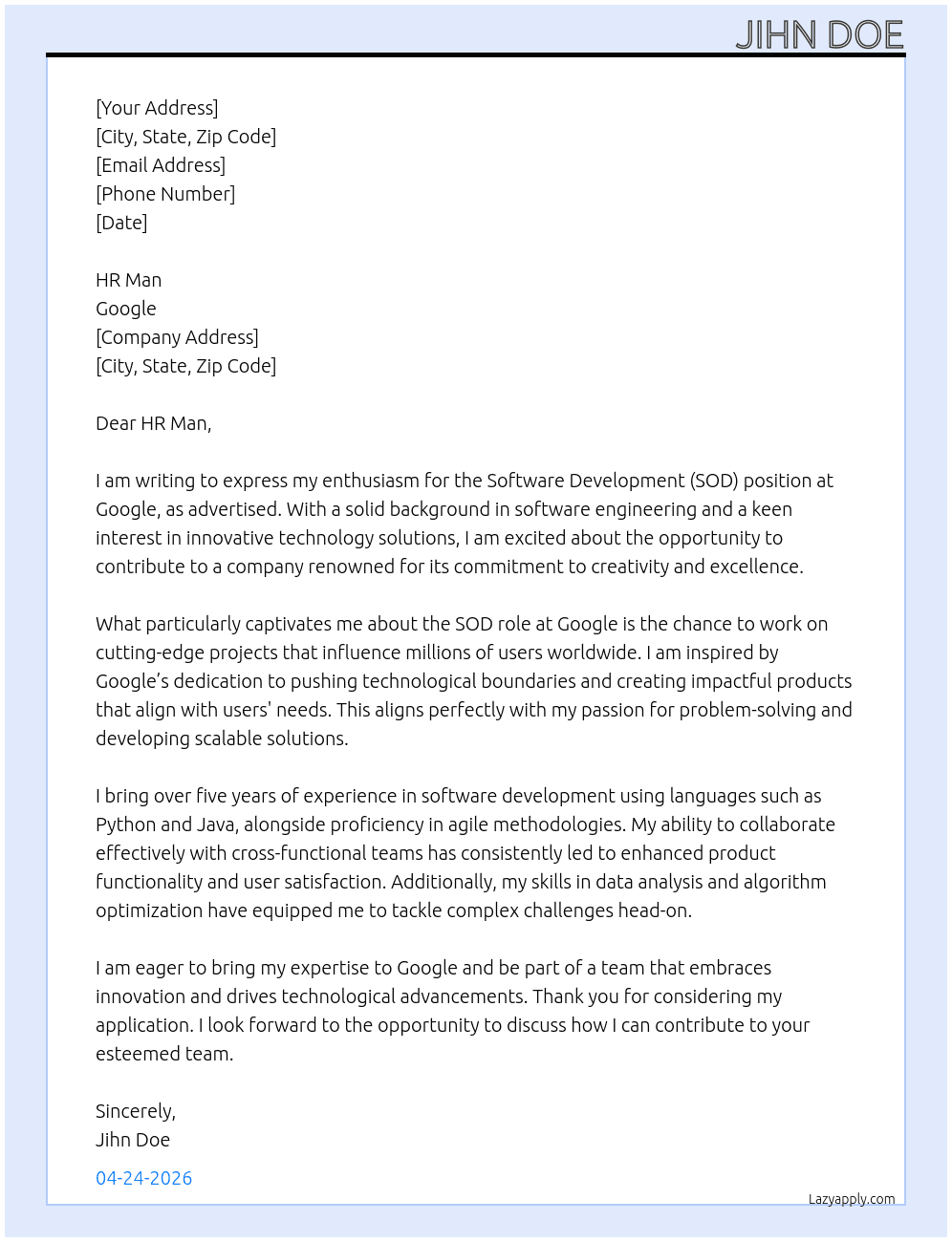 sod At google Cover Letter