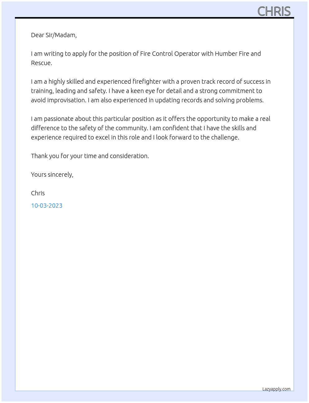 Fire control operator  At humberside fire and rescue Cover Letter
