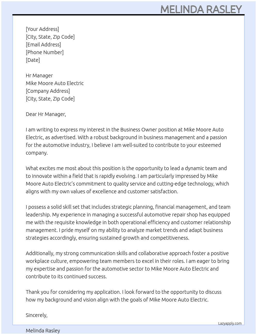 Cover letter for business owner - LazyApply