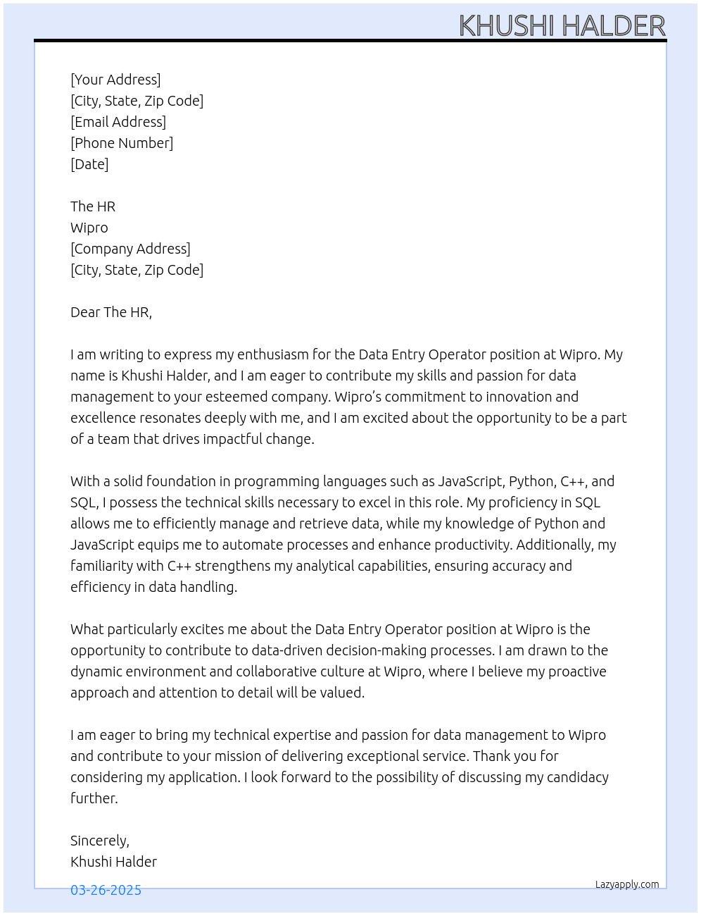 Cover letter for data entry operator position - LazyApply