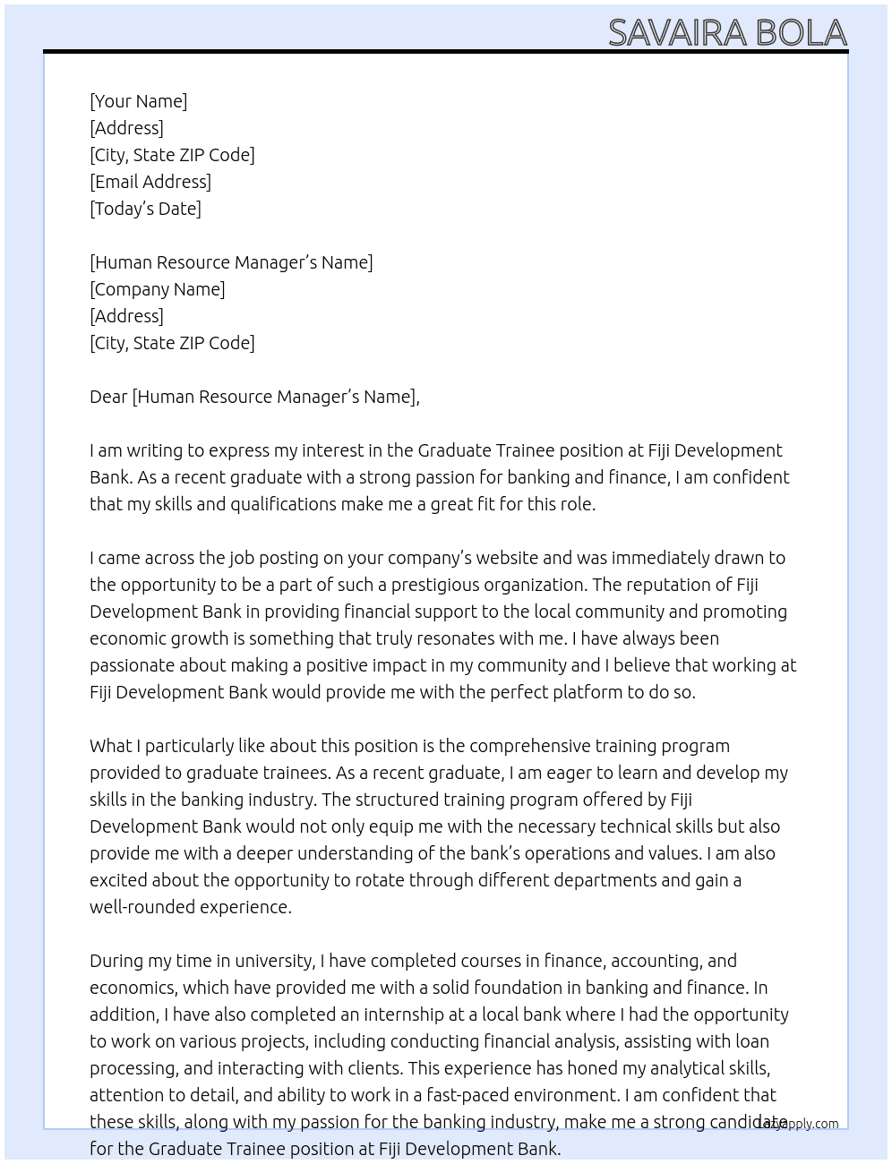 Graduate Trainee At Fiji Development Bank Cover Letter