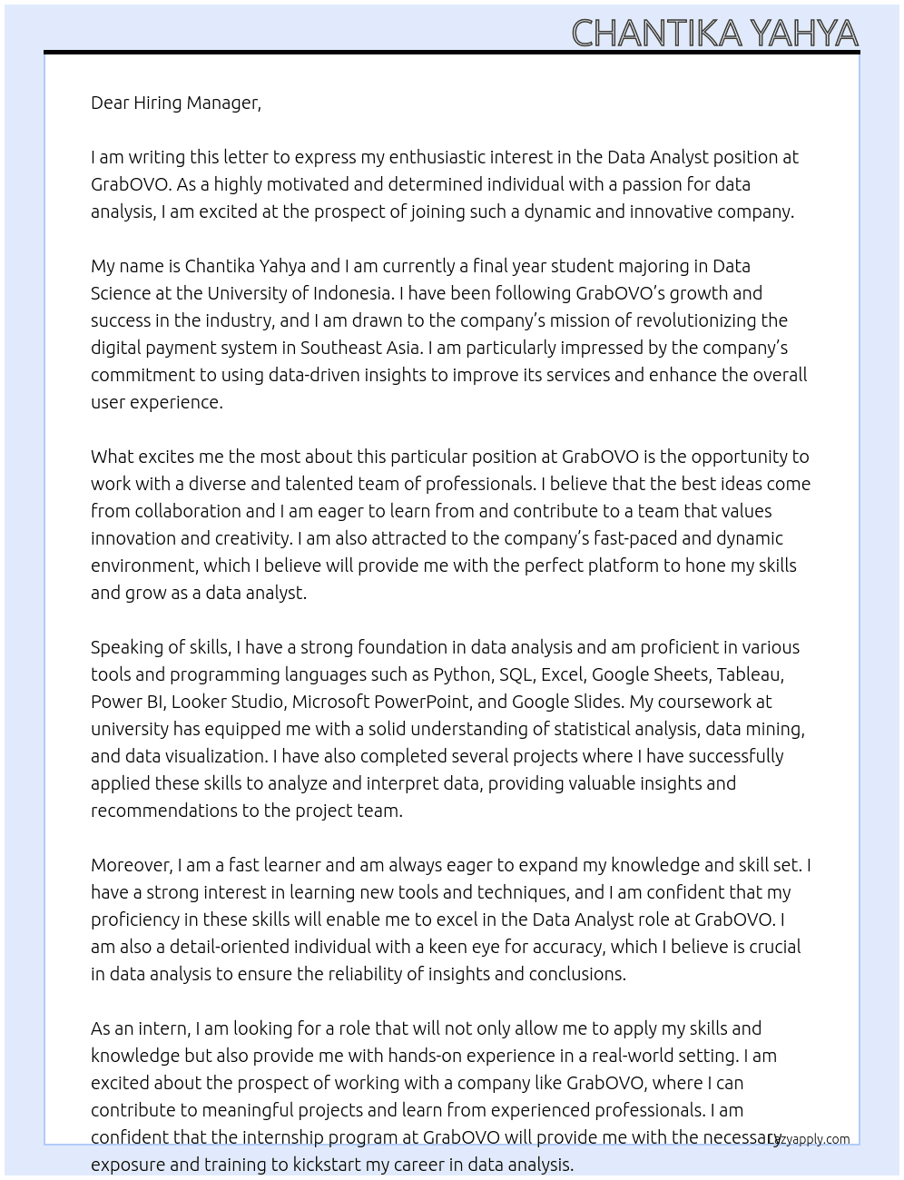 Data Analyst At GrabOVO Cover Letter