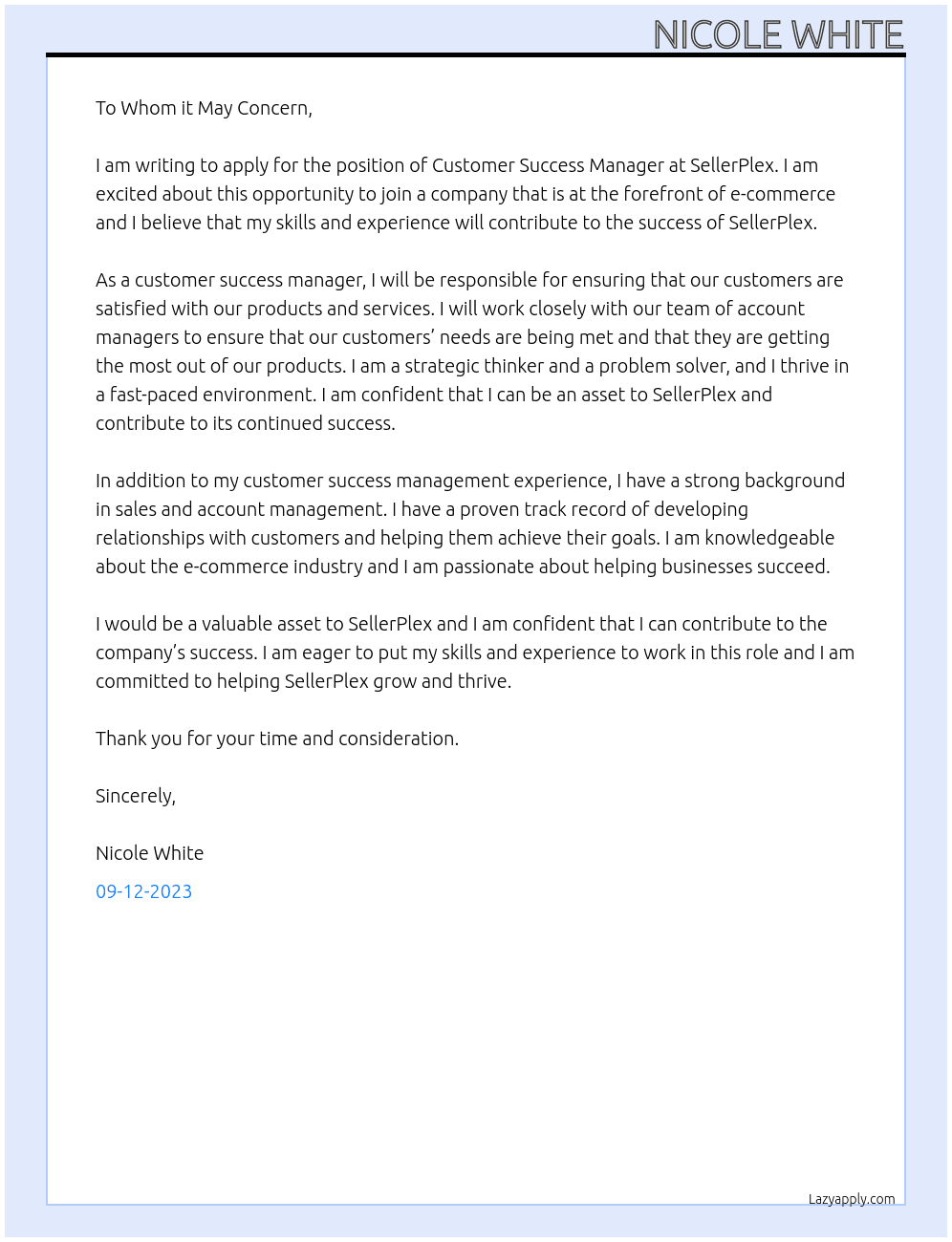 Customer Success Manager At SellerPlex Cover Letter