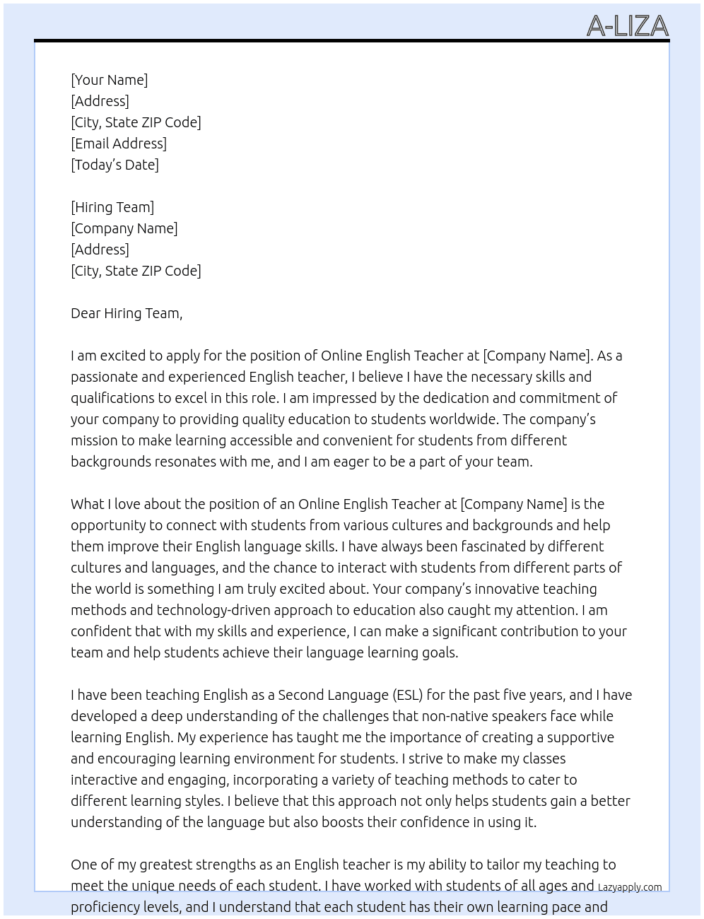Online English Teacher At ? Cover Letter