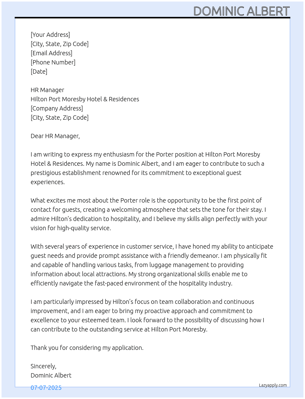 Porter At Hilton Port Moresby Hotel & Residences Cover Letter