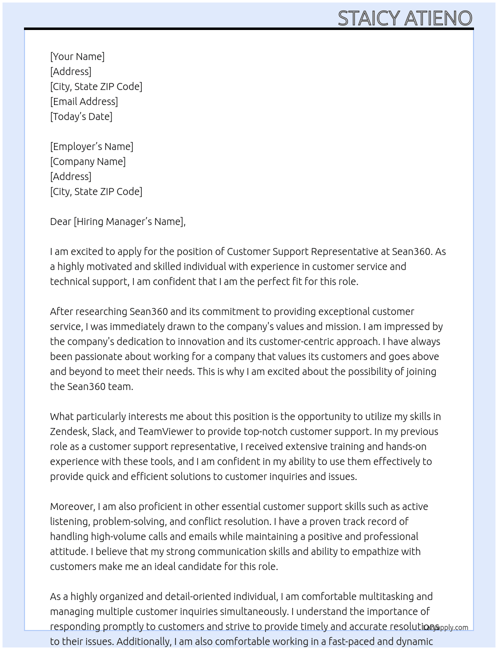 customer support representative At Sean360 Cover Letter
