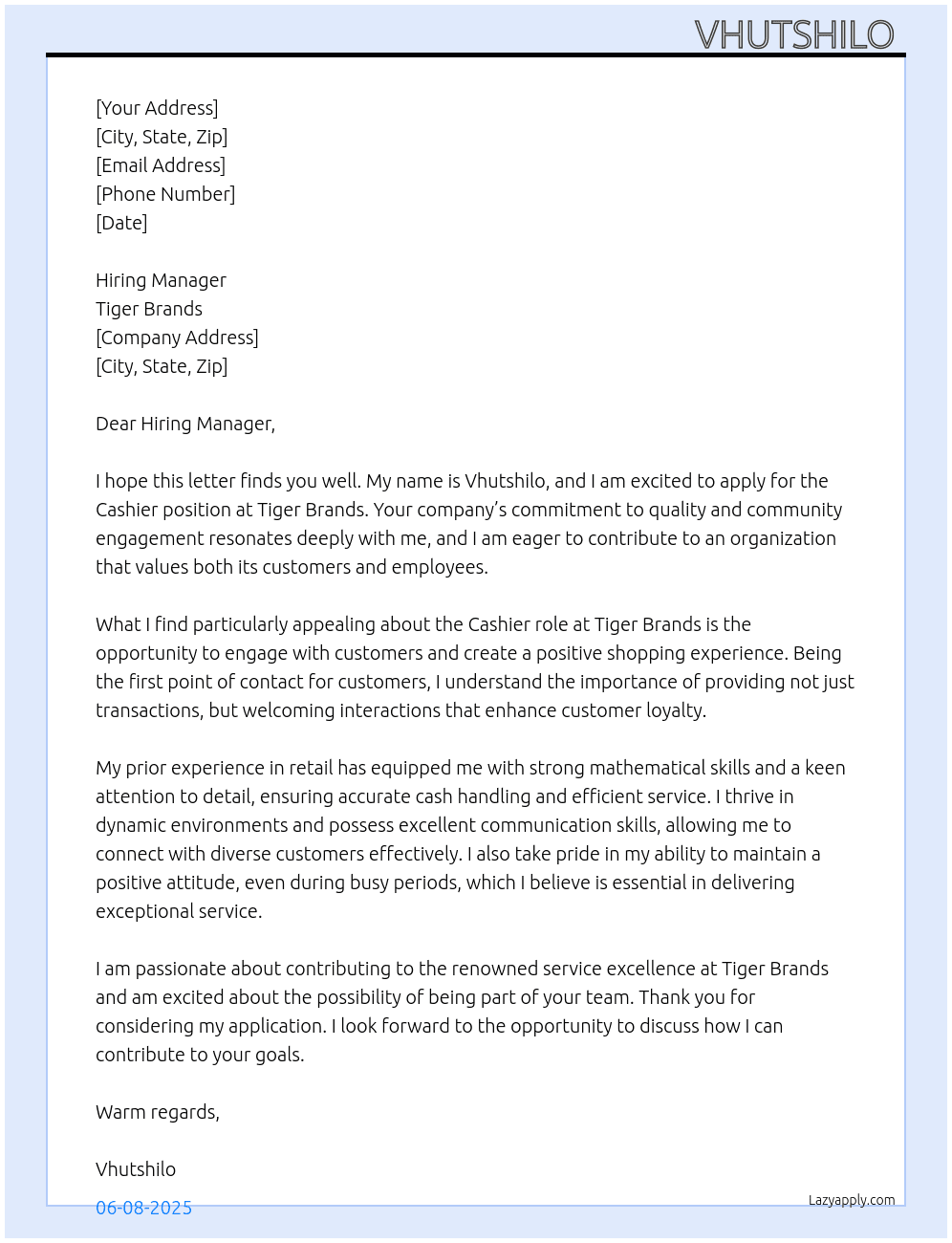 Cashier  At Tiger brands ⁹ Cover Letter