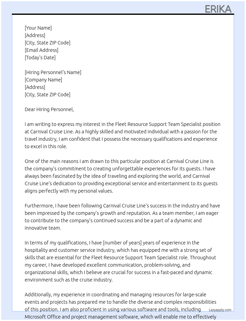Fleet Resource Support Team Specialist At Carnival Cruise Line Cover Letter