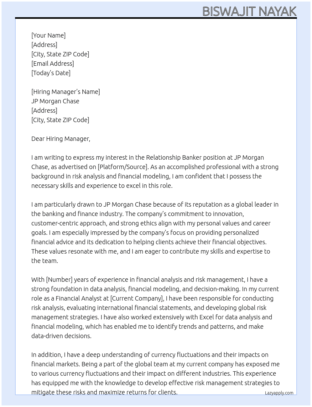 Relationship Banker At JP Morgan Chase Cover Letter