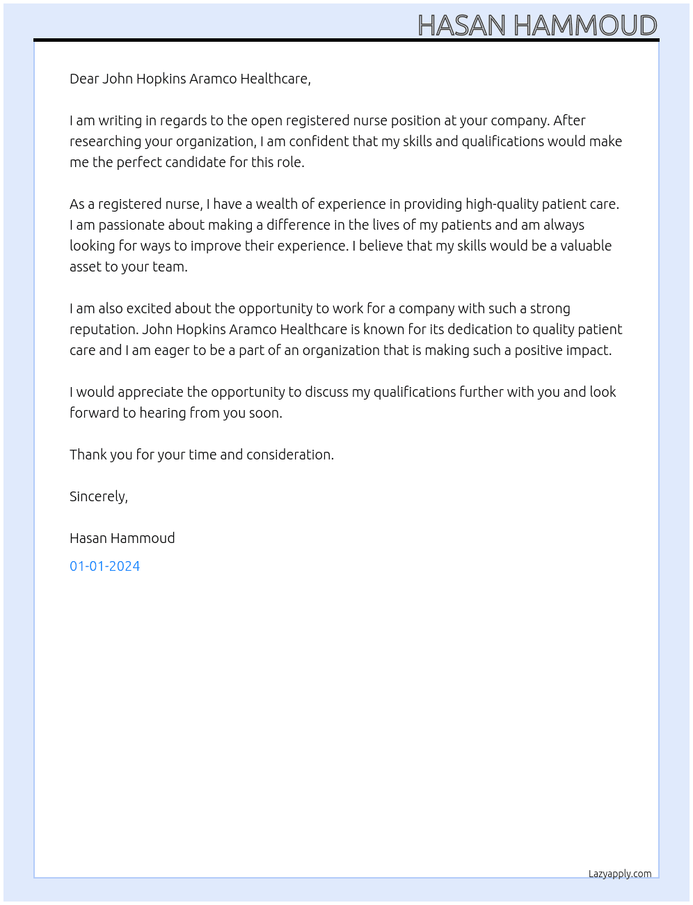 Registered nurse At John hopkins aramco healthcare Cover Letter