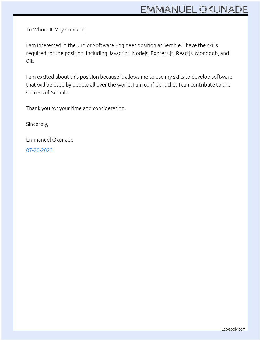 Junior Software Engineer At Semble Cover Letter