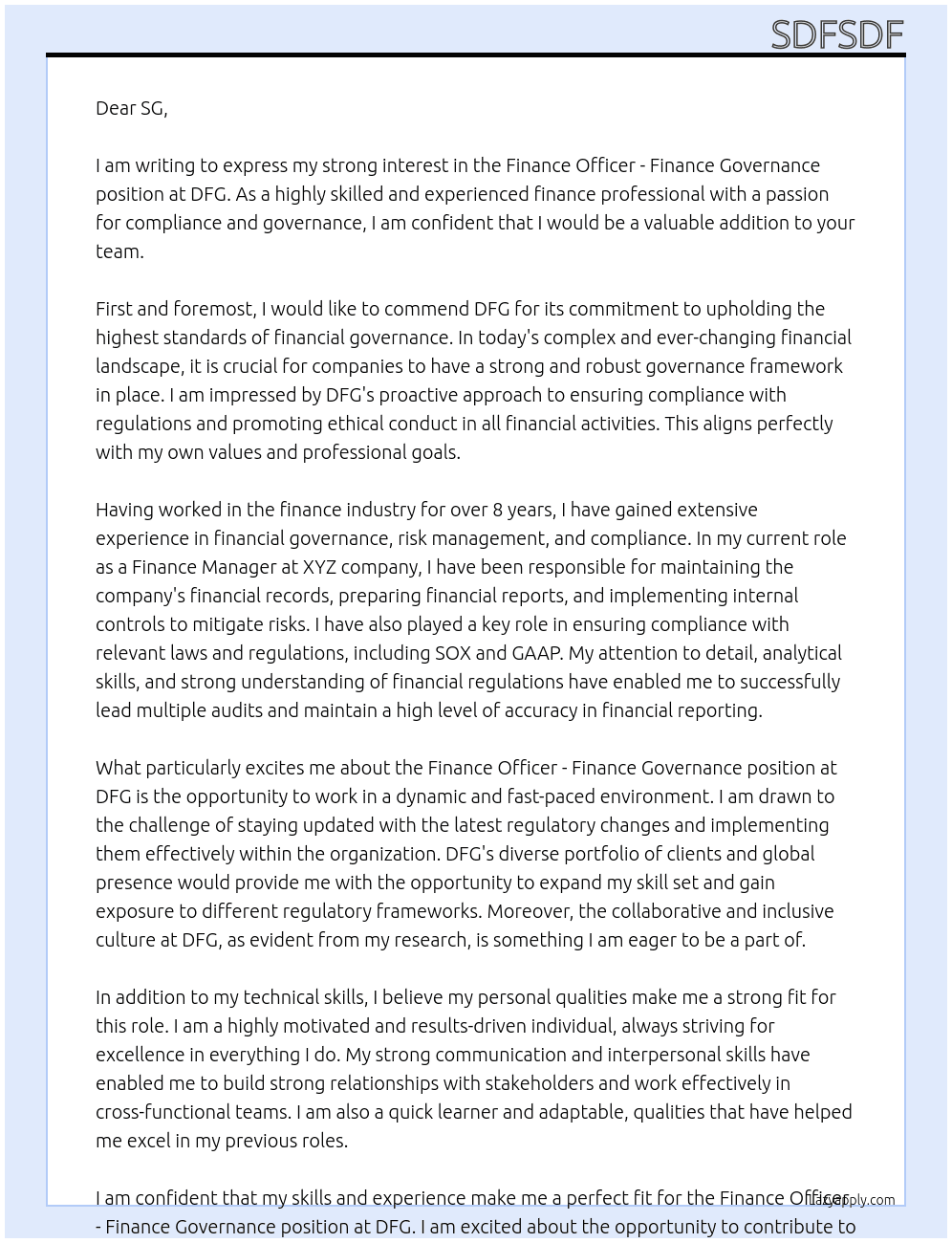 finance officer - finance governance At dfg Cover Letter