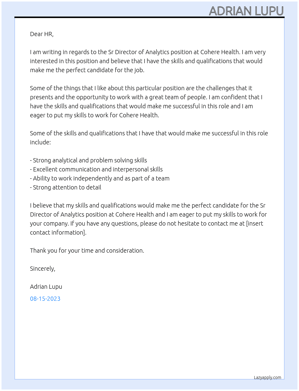 Sr Director of Analytics At Cohere Health Cover Letter