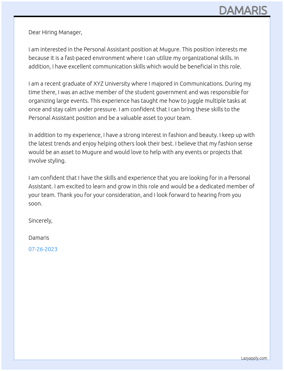 Personal Assistant  At Mugure Cover Letter