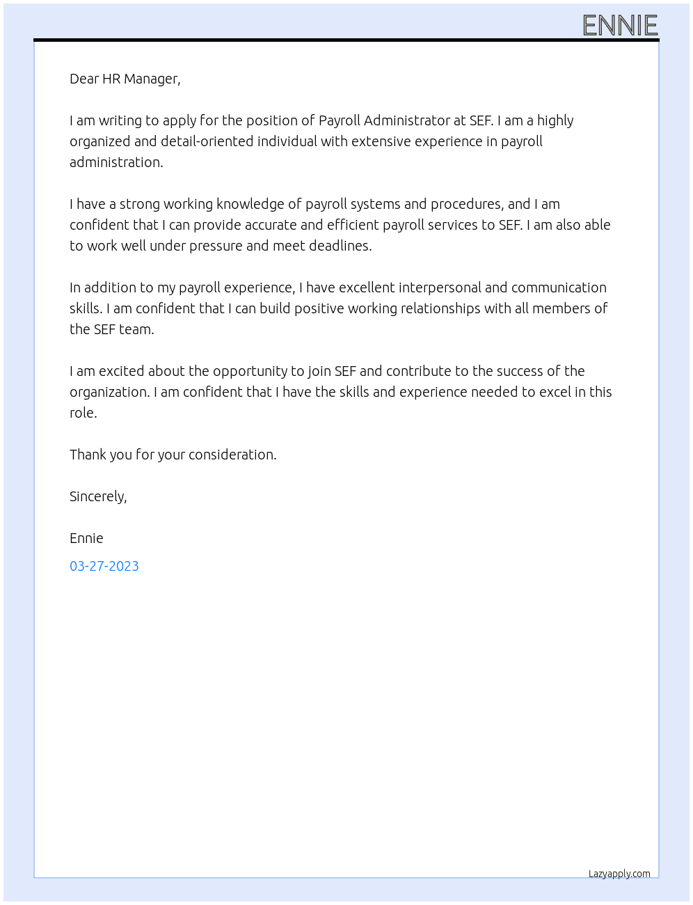 Payroll Administrator At SEF Cover Letter