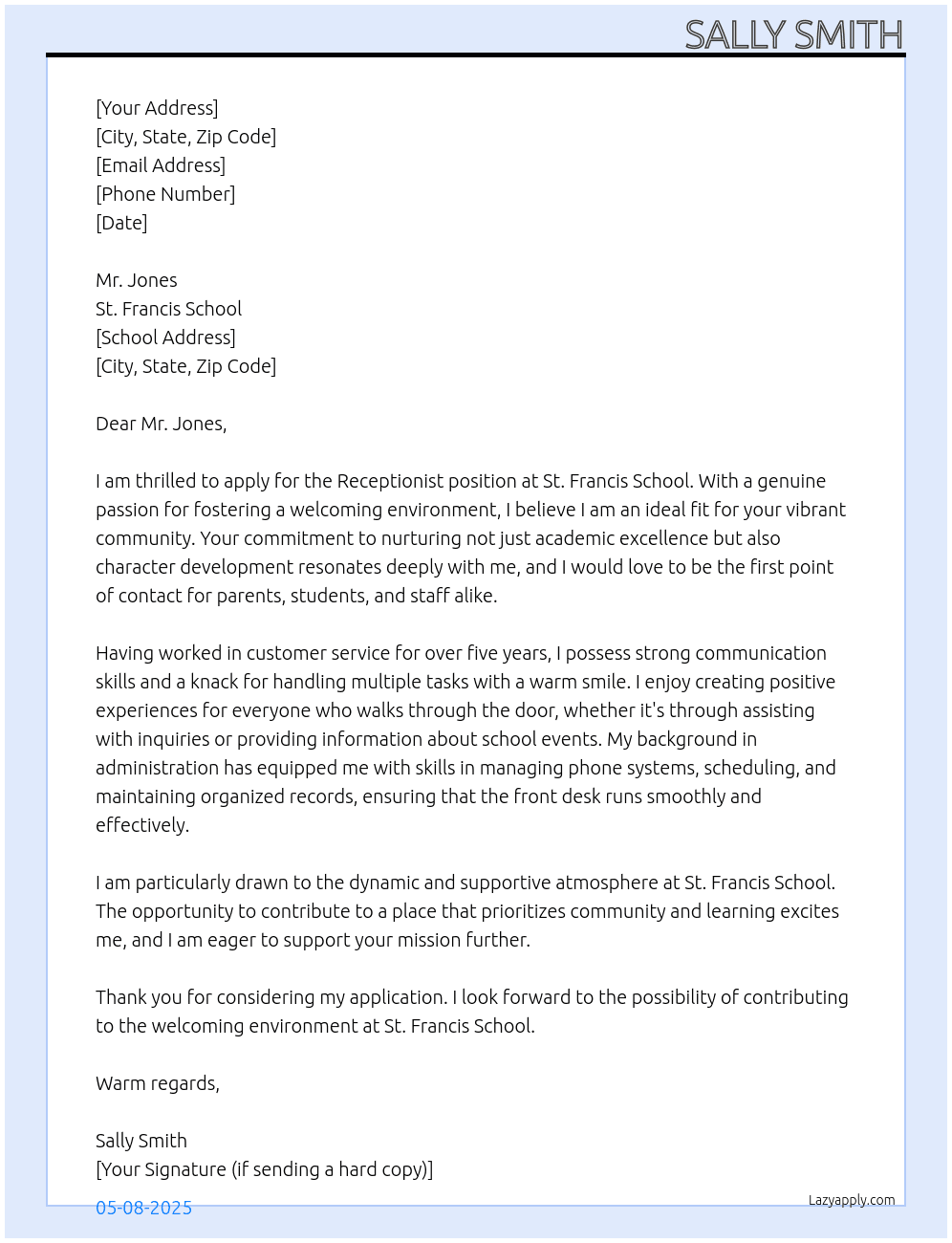 receptionist At St Francis school Cover Letter