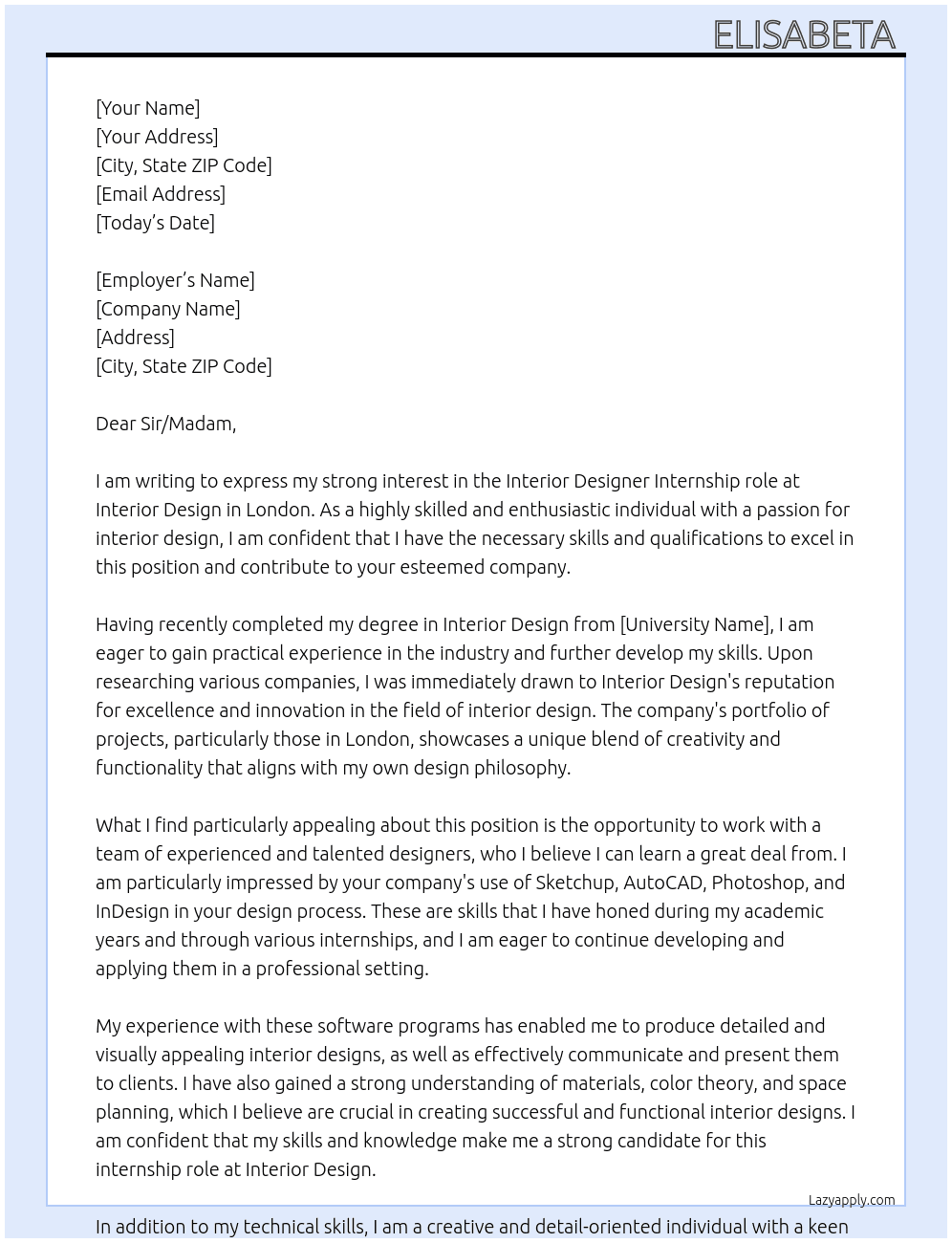 Interior designer  At Interior design  Cover Letter