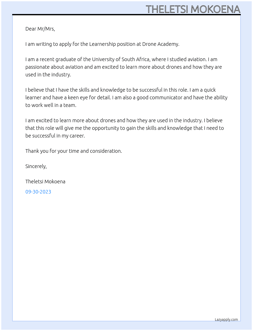 Learnership At Drone Academy Learnership Cover Letter