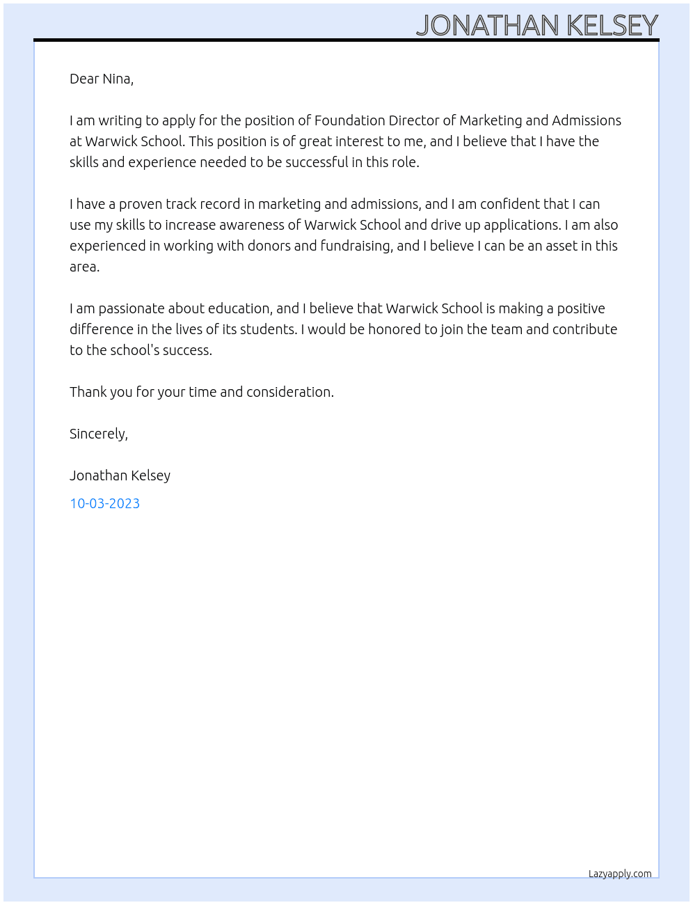 Foundation Director of Marketing and Admissions At Warwick School Cover Letter