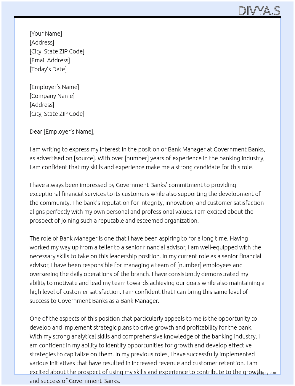 Bank manager  At Government banks Cover Letter